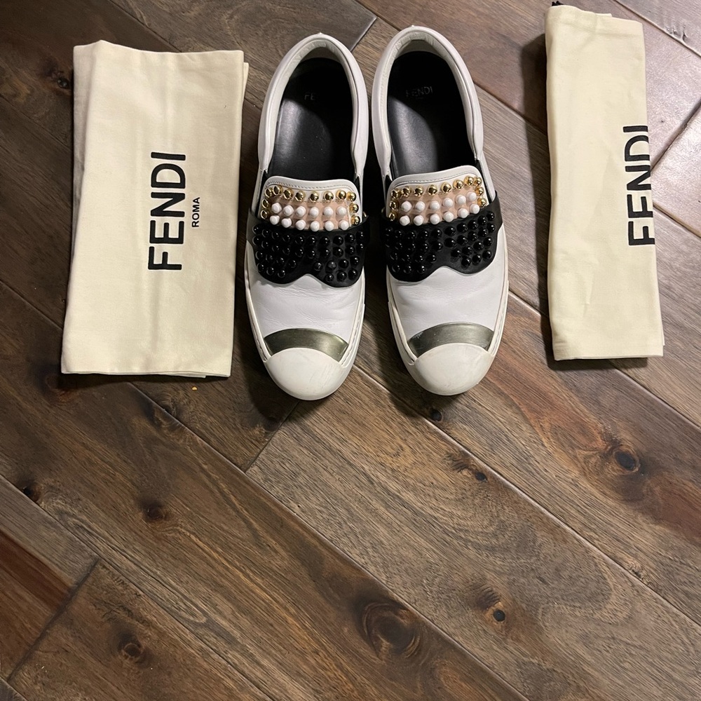 Fendi White Black Gold Embellished Slip-On Sneakers